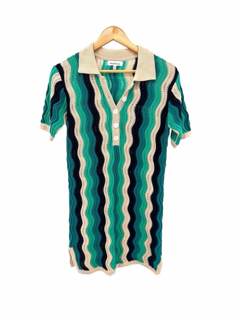 Heartloom Green Wave Knit Polo Dress with Cream Trim